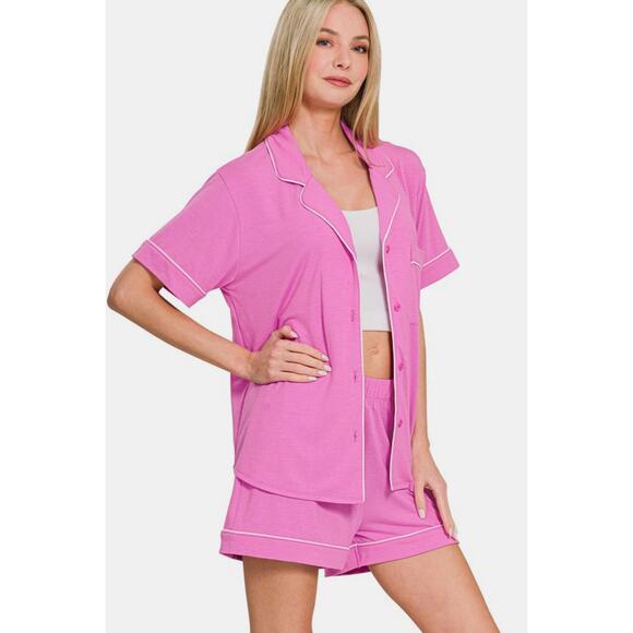 ZENANA Mauve Pink Button Down Short Sleeve Top and Shorts Pajamas Lounge Set - Picture 3 of 5